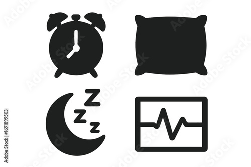 Sleep icons set with alarm clock, pillow, crescent moon, and sleep graph symbols in black silhouette style, vector cartoon illustration on transparent background, ordered collection