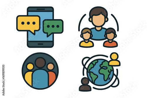 Communication icon set. Vector cartoon symbols for global connection, social network, community, teamwork, messaging and chat. Modern flat design for business and technology.