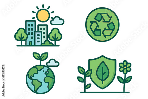 Environmental icon set for sustainability and ecology. Green city, recycling symbol, planet earth growth, and nature protection shield. Vector cartoon illustration concept.