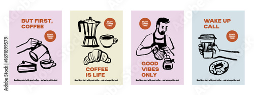 Hand drawn vintage coffee shop poster set. Cafe menu, packaging design. Whimsical sketch vector illustration.