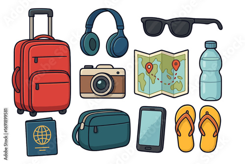 Vector cartoon collection of essential travel items for vacation. Set includes luggage, passport, map, camera, phone. Summer holiday, journey, and tourism accessories.