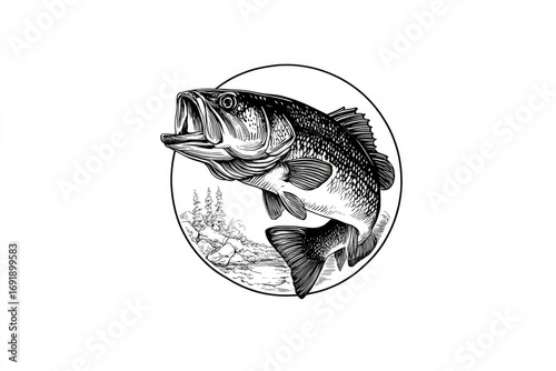 Detailed illustration of a leaping bass fish.