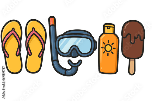 Summer beach essentials icon set. Vector cartoon illustration with flip flops, snorkel mask, sunblock, and ice cream. Vacation travel holiday concept. Isolated objects.