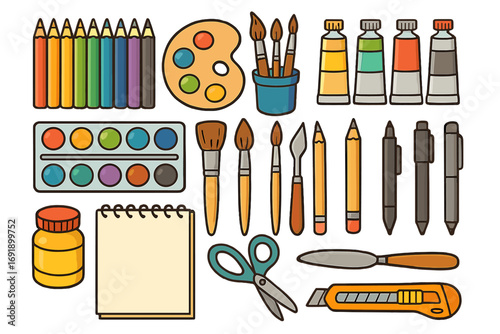 Creative art supplies and artist tools collection. Vector cartoon flat lay set with paint, watercolor, brushes, colored pencils, palette, sketchbook, and scissors. Isolated.