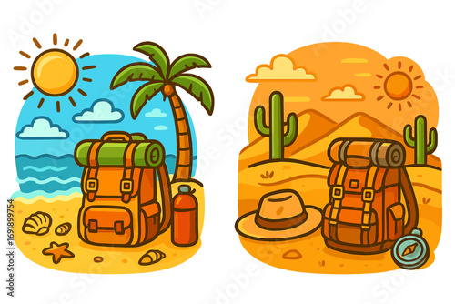 Travel adventure set with backpack for beach and desert. Summer vacation camping gear. Vector cartoon illustration for tourism, hiking journey or exploration concept.