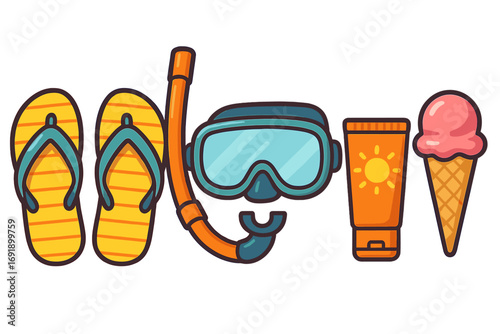 Summer vacation beach essentials flat icon set. Vector cartoon of flip flops, snorkel gear, sunblock, ice cream. Holiday travel, seaside leisure, sun protection, diving.