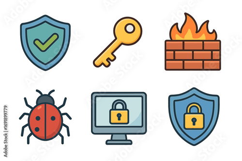 Cybersecurity icon collection. Vector symbols for internet security and data protection. Cartoon shield, key, firewall, software bug, computer lock, and antivirus badge icons.