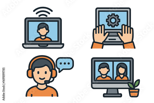 Vector icon set for remote work, home office, and online business. Concepts for virtual meeting, telecommuting, webinar, freelance job, and customer service communication.