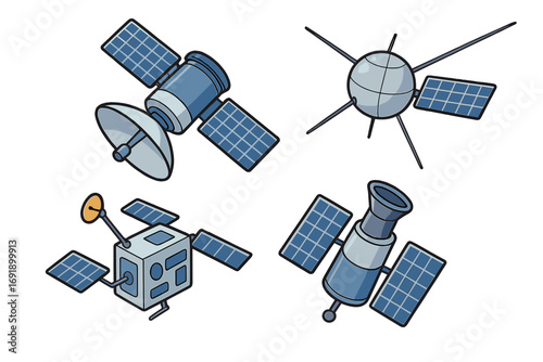 Set of cartoon satellites for communication, navigation, and research. Space technology vector icons for broadcast, GPS, and exploration. Collection of isolated space objects.