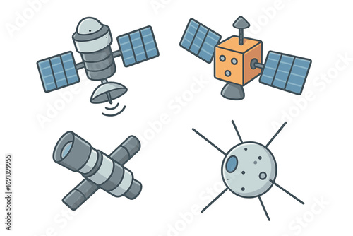 Vector cartoon collection of space satellites. Technology for communication, navigation, and science. Icon set with orbital telescope, gps, sputnik, and data broadcast.