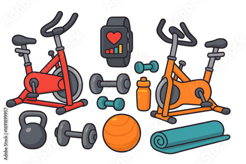 Set of fitness equipment for gym workout. Stationary exercise bike, smartwatch, dumbbells, kettlebell, fitness ball, and yoga mat. Vector cartoon sport and cardio items.