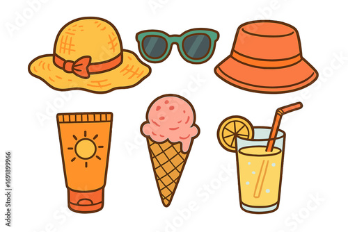 Summer beach essentials icon set. Sun hat, sunglasses, sunscreen, ice cream, lemonade. Vector cartoon illustration for vacation, travel, and holiday concepts. Sun protection.