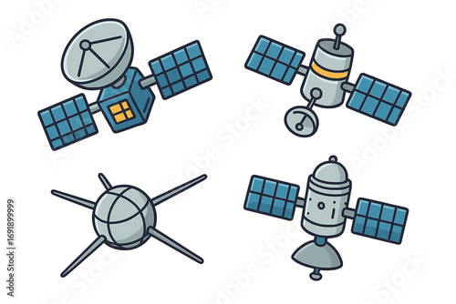 Set of cartoon satellites for communication, navigation, and research. Space technology vector icons. Collection of sputniks for broadcast, telecom, gps, and science.