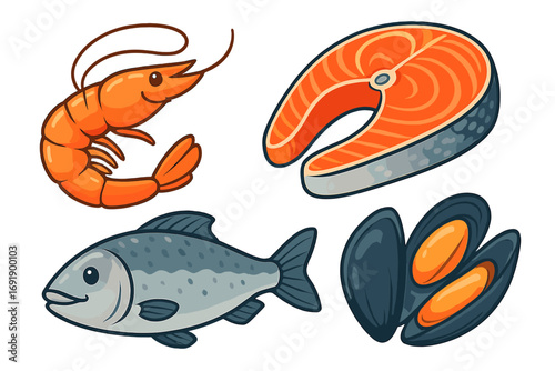 Seafood collection cartoon vector illustration set. Includes shrimp, salmon steak, fresh fish, and mussels. Raw ocean food icons for fish market, restaurant menu, or grocery.