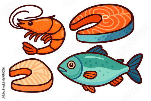 Seafood vector icon set. Cartoon shrimp, salmon steak, and fish fillet. Raw sea food for restaurant menu or market logo. Marine life, fishing, healthy diet, omega 3 concept.