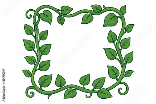 Green vine frame with leaves for decoration. Vector cartoon illustration of a plant border. Natural, organic foliage design element for invitation or certificate. Square botanical border.