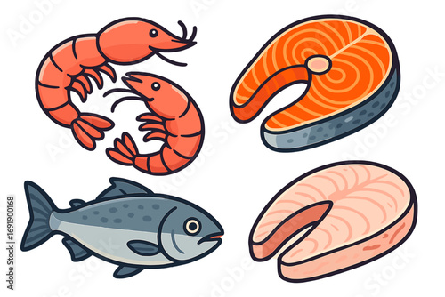 Colorful seafood icon set. Fresh raw salmon steak, whole tuna, white fish fillet, and shrimp. Vector cartoon illustration for grocery, fish market, or menu design concept.