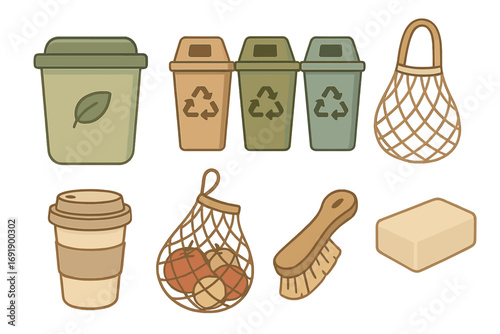 Set of sustainable living icons for zero waste lifestyle. Eco friendly habits illustration with reusable cup, recycling bin, string bag, brush and soap bar for ecology.