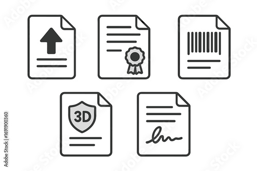 Document icons set for web and business. Includes upload, certification, barcode, 3D secure payment, and signature symbols. Vector line art for contracts and agreements.