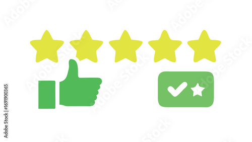 Five star rating icon with thumbs up and check mark symbol for feedback review and customer satisfaction
