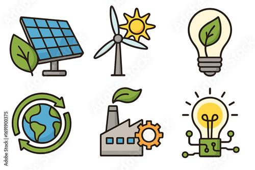 Renewable energy icon set with solar panel and wind turbine. Green power symbols for sustainability, ecology, and environmental technology concepts. Clean energy vector collection.