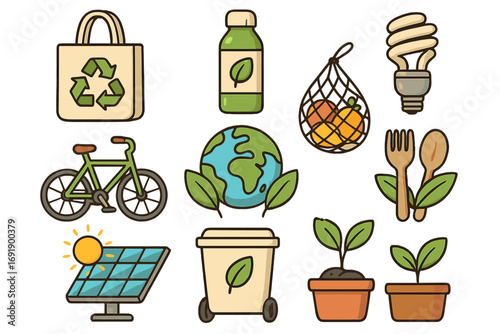Eco friendly items icon set. Sustainable living concept with bicycle, solar panel, recycle bag. Vector cartoon illustration for green energy, zero waste & environment care.