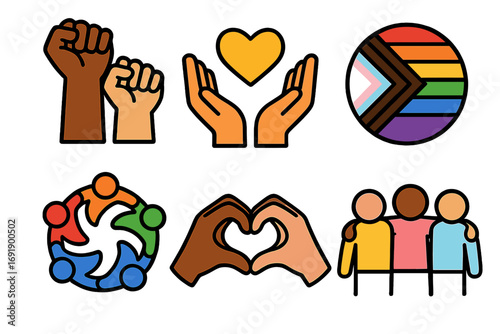 Diversity and inclusion icons set. Symbols of community support, racial equality, unity, and love. Vector illustrations for social movements, pride, teamwork, and solidarity.