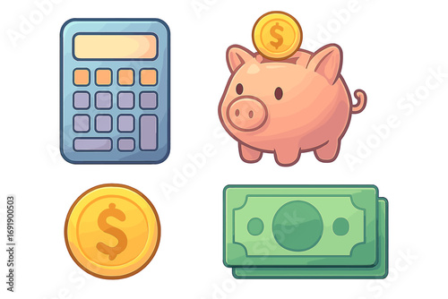 Soft gradient financial icons set including calculator, piggy bank with coin, dollar coin, and cash stack, vector cartoon illustration, transparent background, money saving and finance concept