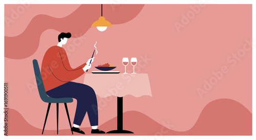 A man enjoys a warm meal of pasta at a cozy restaurant table, set with wine glasses. Perfect for dining, lifestyle, or date night concepts.
