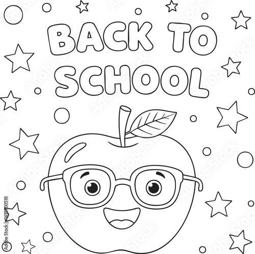 Cute coloring page apple wearing glasses saying back to school with stars for kids