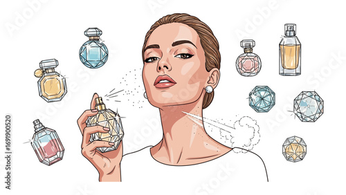 Elegant young woman holding a decorative perfume bottle surrounded by various vintage and modern fragrance bottles illustrating luxury and beauty