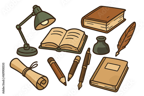 Reading and writing tools vector set. Literary enthusiast collection. Vintage and modern cartoon style illustration of book, lamp, quill, inkwell, scroll, and fountain pen.