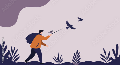 Person releases a bird into the sky, while others fly freely. Represents freedom, new beginnings, and letting go. Ideal for concepts of travel or personal growth.