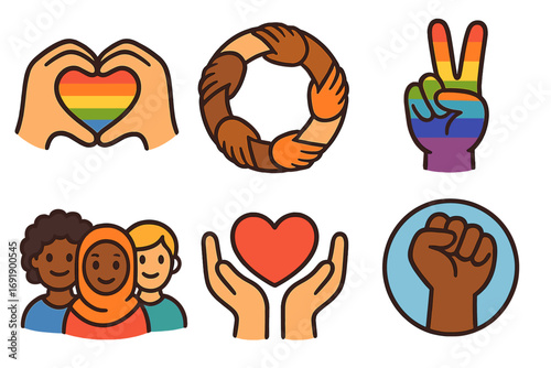 Set of diversity and inclusion icons. Community support, social movements, equality, and human rights symbols. Vector cartoon pack with pride flag, peace sign, and love heart.