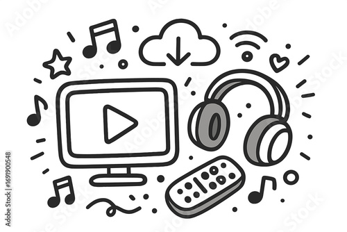 Streaming media doodle with headphones, remote control, play button screen, music notes, cloud download, WiFi symbol, and digital entertainment icons set, vector cartoon illustration