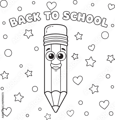 Cute cartoon pencil character with 'back to school' text surrounded by hearts and stars