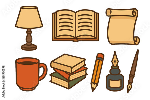 Reading and writing vector icon set. Vintage literary tools for author or student. Library collection with book, lamp, scroll, coffee, inkwell, and pen. Education concept.