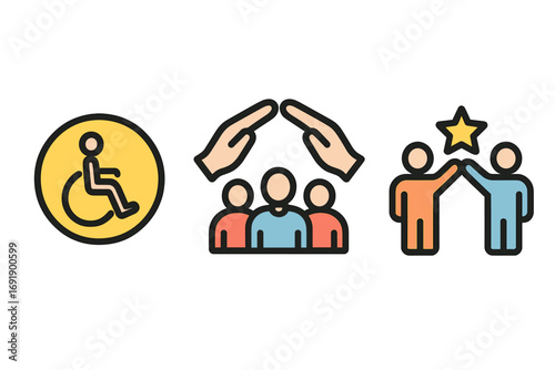 Accessibility, diversity and inclusion icon set. Teamwork and collaboration concept. Disability support, corporate culture, social responsibility. Partnership for success and achievement.