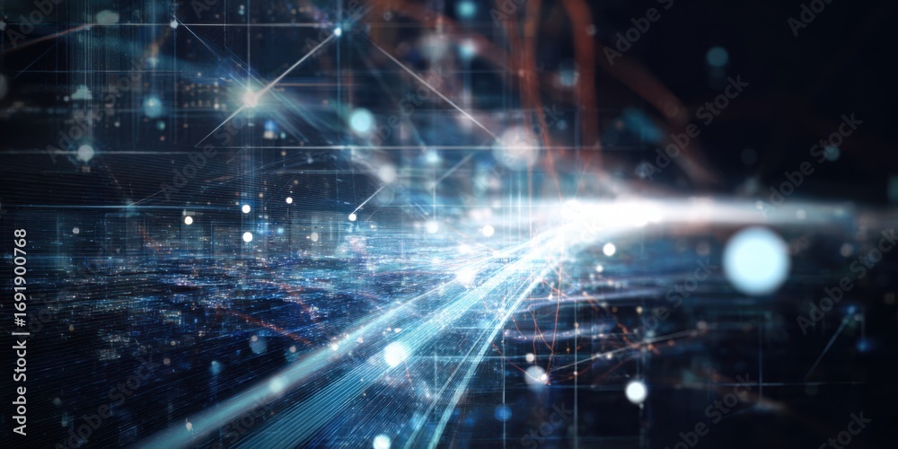 Fototapeta premium Abstract Digital Network Grid with Glowing Light Trails and Bokeh Effects technology