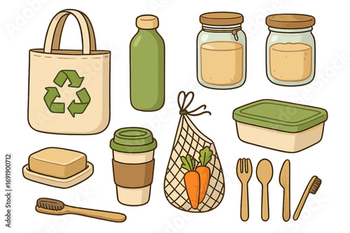 Vector collection of zero waste, eco friendly tools. Sustainable lifestyle items set. Reusable tote bag, coffee cup, jars, bamboo toothbrush and wooden cutlery graphic.