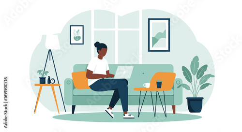 Black woman working on laptop from her cozy home sofa. Perfect for remote work, online education, or flexible modern lifestyle concepts.