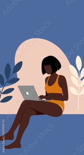 Young woman in swimwear works remotely on laptop in a relaxed setting. Concept of digital nomad, flexible lifestyle, summer productivity, or vacation.