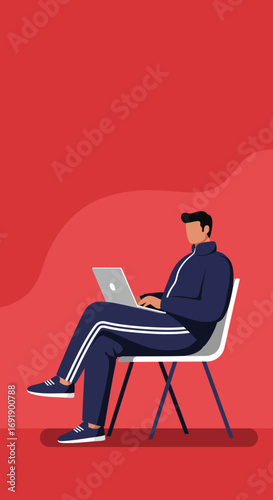 Man in tracksuit works casually on a laptop, embodying remote work and modern lifestyle flexibility. Ideal for technology, business, or education concepts.