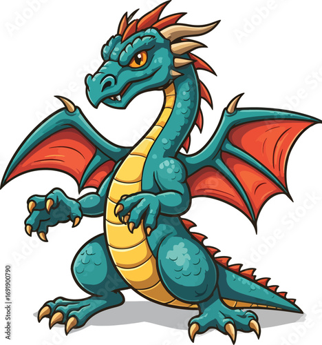 Cartoon Dragon Character Design with Turquoise Scales and Fiery Red Wings Illustration