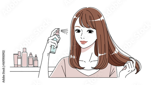 Young woman with long brown hair applying hairspray from a bottle to style her voluminous locks surrounded by beauty products on a shelf