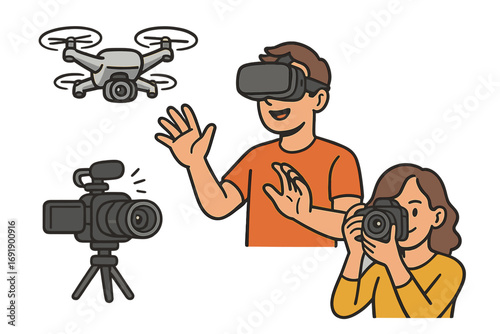 Content creation technology concept. Man in virtual reality glasses exploring metaverse. Woman photographer with camera. Drone, video camera on tripod. Vlogging and blogging.