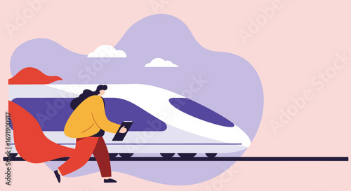 Woman with a digital tablet running alongside a high-speed train, symbolizing modern travel, fast-paced life, and efficient connectivity on the go.