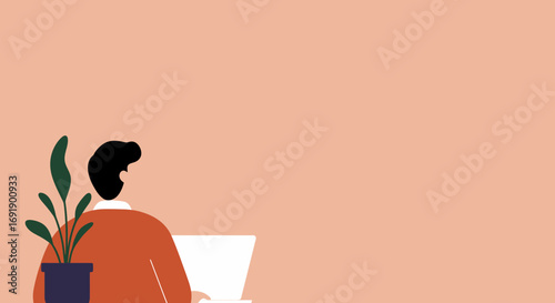 Person working remotely on laptop with a plant, representing modern productivity, remote work, education, and digital lifestyle. Ideal for business and technology themes.