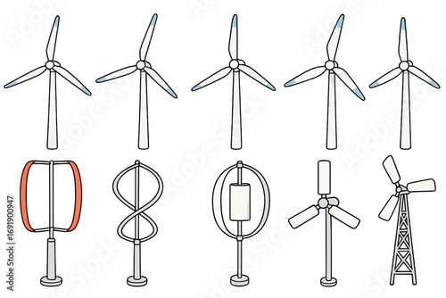 Various wind turbine designs, collection of different types. Horizontal and vertical axis wind turbines. Green energy, renewable power source technology. Vector cartoon icon set.