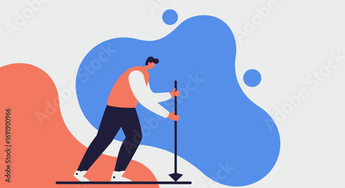 Man using a pole to mark a point on a clean, abstract background, representing focus, setting objectives, and initiating new projects or tasks with precision.